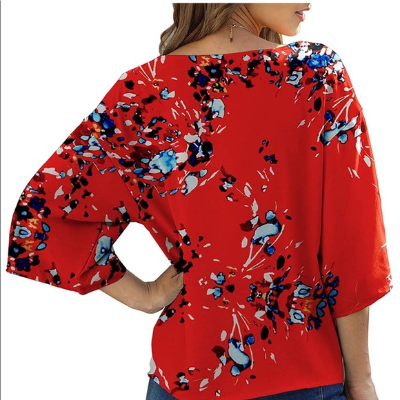 Tie Front Tops 3/4 Sleeve Loose V-Neck Blouse - Picture 3 of 10